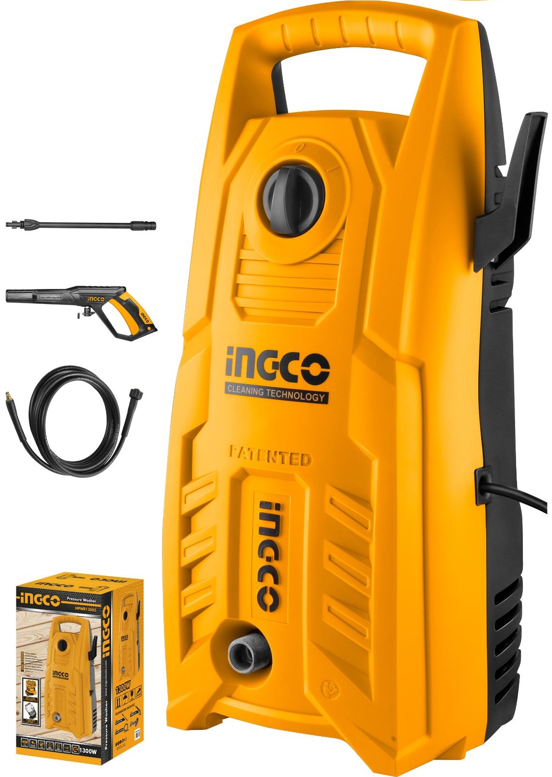 Voltage: 220-240V~50/60Hz. Carbon brush motor. Pure copper wire. Input power:1400W. Max Pressure:130Bar (1900PSI). Flow rate:5.5L/min. Auto stop system. 1 set water spray gun (AMSG028 ). 5m high pressure hose( AHPH5028). Packed by colour box.