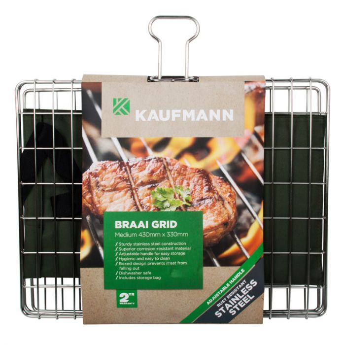 Introducing the Kaufmann Adjustable Braai Grid, the ultimate tool for achieving perfect grilling results every time. Crafted from high quality stainless steel, this medium sized grid is designed for versatility, durability, and convenience, making it ideal for all your BBQ needs. The adjustable handle allows for easy storage and optimal grilling heights, ensuring your food cooks evenly and to perfection. This portable BBQ grid measures 43cm x 33cm, providing ample cooking space for various foods, from meats to vegetables. **It comes with a heavy duty carry bag that features side pockets, perfect for storing BBQ tongs, firelighters, and other essential grilling tools. Whether your hosting a backyard gathering or enjoying a camping trip, this braai grid is designed to enhance your outdoor cooking experience.