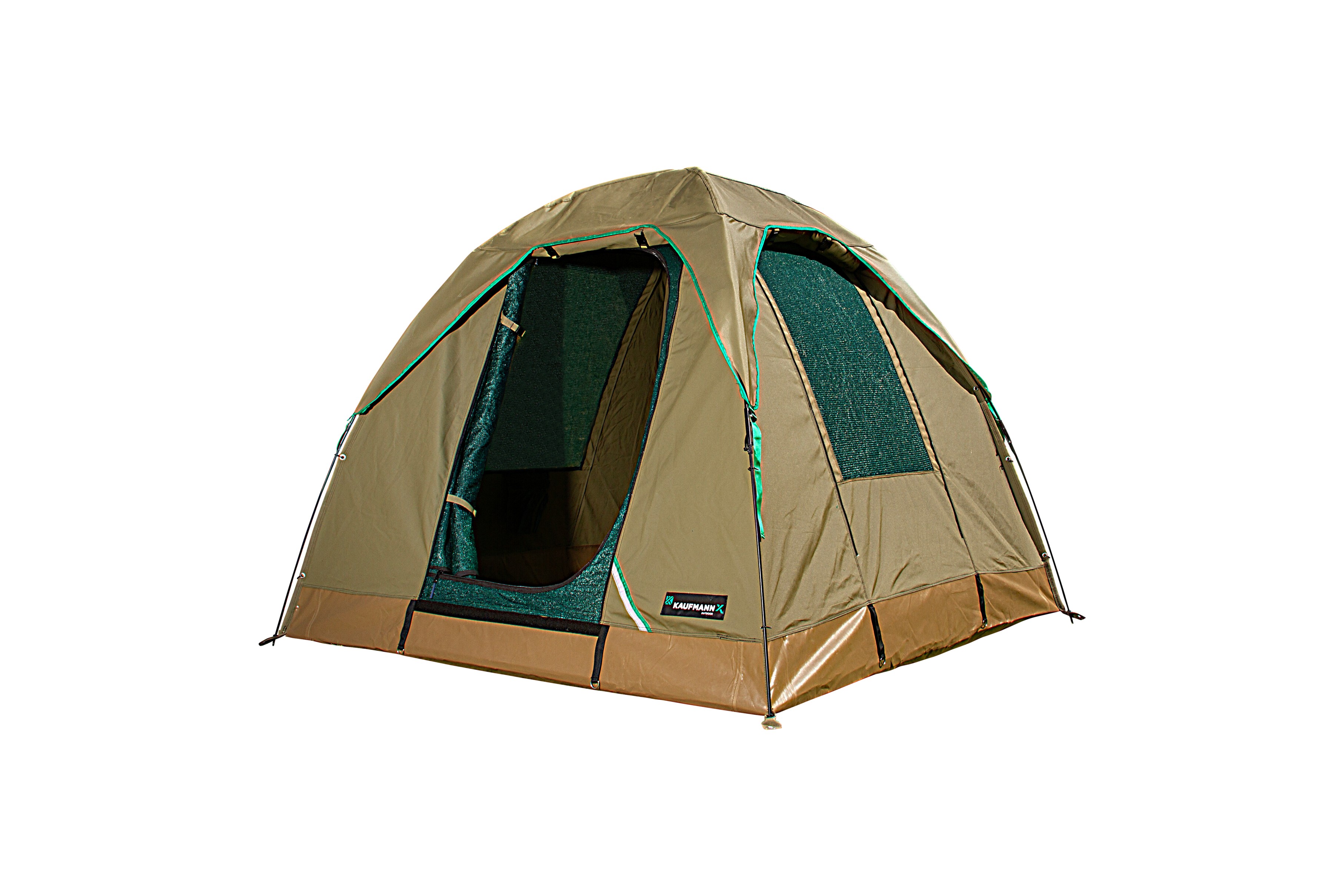 The Kaufmann X AFRI Canvas 2-3 Man 2.1x2.1m Dome Tent with Skull Cap is built to endure the toughest camping conditions, offering reliable protection for your family outdoor adventures. Designed for 2-3 people, this tent is made tough from 320g ripstop canvas with exceptional weave strength, making it tear-resistant. The Ripstop AFRI Canvas is also UV-treated, and water-repellent. The Kaufmann X AFRI Canvas Dome Tent features only the highest-quality components, including YKK self-repairing zippers that are rustproof and built to last. The 550g PVC floor tub is welded for extra waterproofing, protecting against sharp debris on the ground. The included skull cap provides extra rain protection, allowing the air vent to remain open while staying shielded from the elements. Ideal for families, this tent guarantees durability and comfort, ensuring you can make lasting memories on every camping trip.