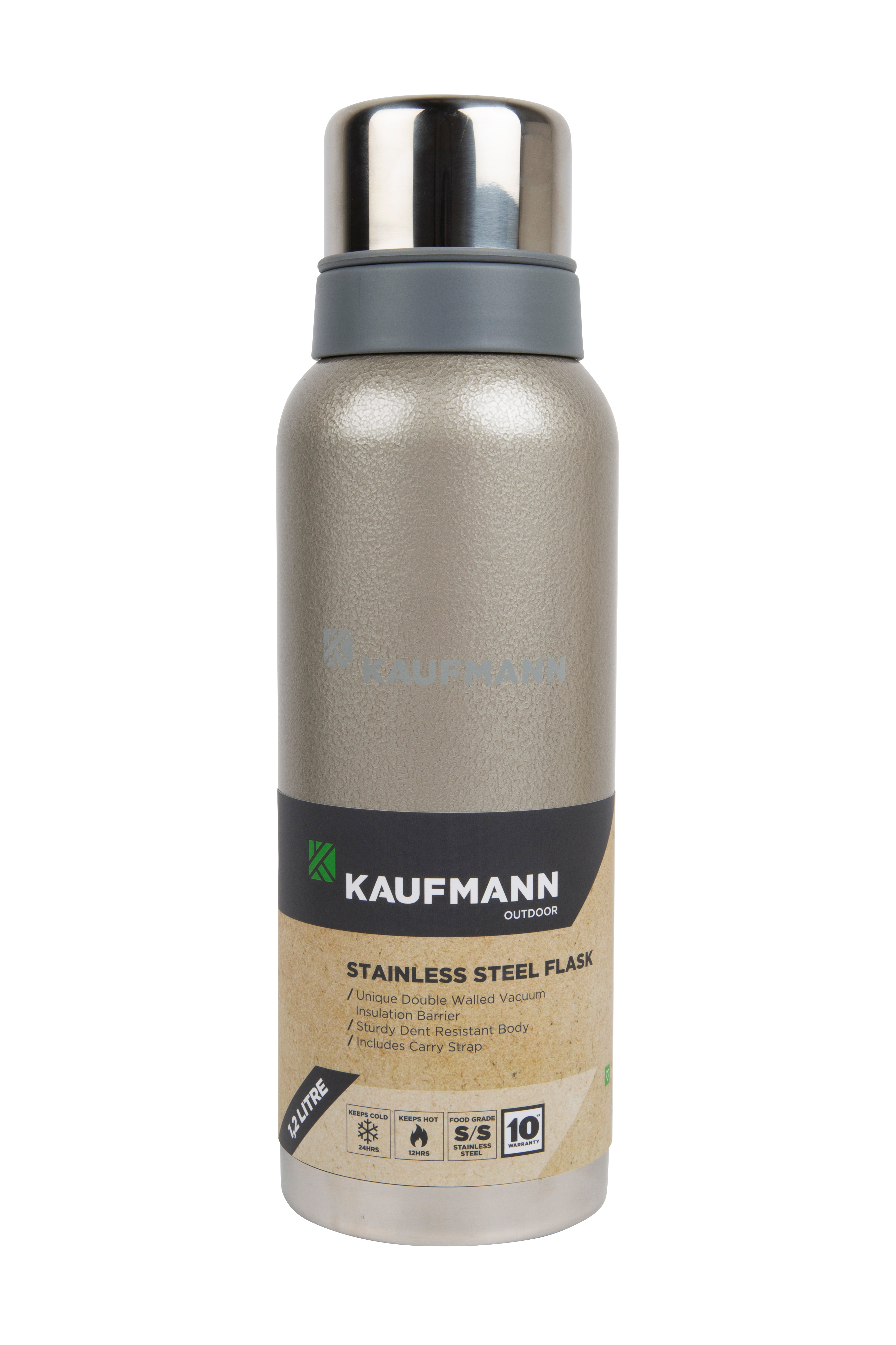 The stainless steel Kaufmann flask is your ideal travel companion for staying hydrated and keeping beverages at their desired temperature. Crafted from high quality stainless steel, this flask boasts a generous 1.2L capacity to ensure you have enough liquid to last throughout your day. whether your hiking, working, or exploring new places. This high quality flask features a unique double walled vacuum barrier for optimum insulation, keeping your drinks hot or cold for up to 12 hours. The polished stainless steel interior allows for easy cleaning, and it includes an easy pour stopper. The flask also comes with a removable carry handle and shoulder strap for convenience. Plus, it includes a one year guarantee, with a spare lid and seal available under code V0700039. Features: Generous 1.2L capacity for ample hydration; High grade stainless steel construction for longevity; Stylish white finish adds a touch of elegance.
