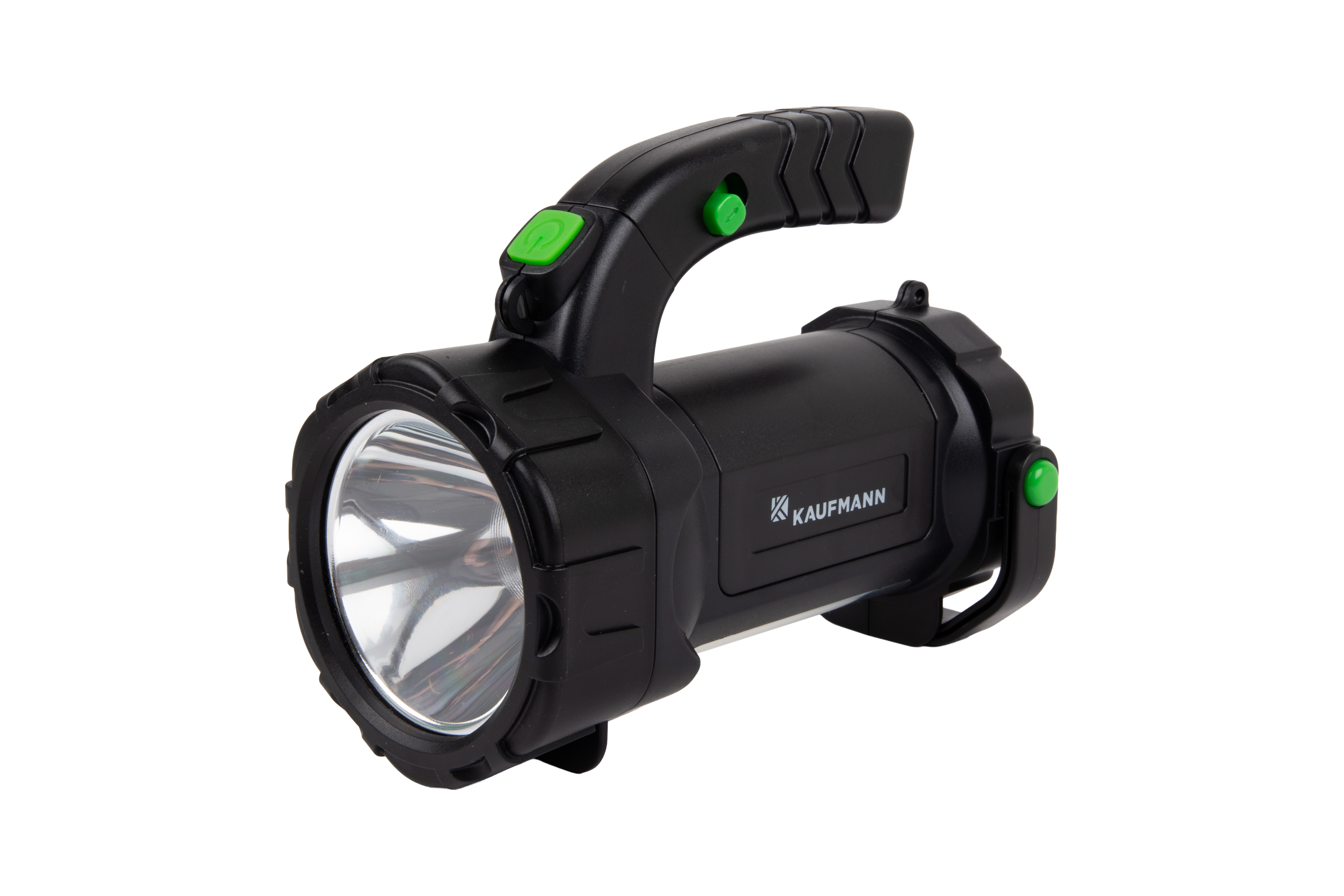 The Kaufmann Outdoor 1000 Lumen Spotlight delivers powerful illumination and versatility, making it an essential tool for outdoor adventures. Whether hunting, sailing, camping, or navigating dark environments, this spotlight provides clear visibility with its high brightness 1000 lumen LED. Featuring both spot and floodlight modes, this handheld spotlight adapts to various lighting needs. Multiple light modes, including LED high low flash and COB white high low red flash, offer flexibility for different situations. ** Features & Benefits: High Brightness: 1000 lumens for powerful illumination. Versatile Lighting: Spot and floodlight modes for different lighting needs. Multiple Light Modes: LED high low flash, COB white high low red flash for adaptability. Handheld & Portable: Easy to carry for outdoor use. Durable Construction: Built to withstand outdoor conditions. Rechargeable Battery.