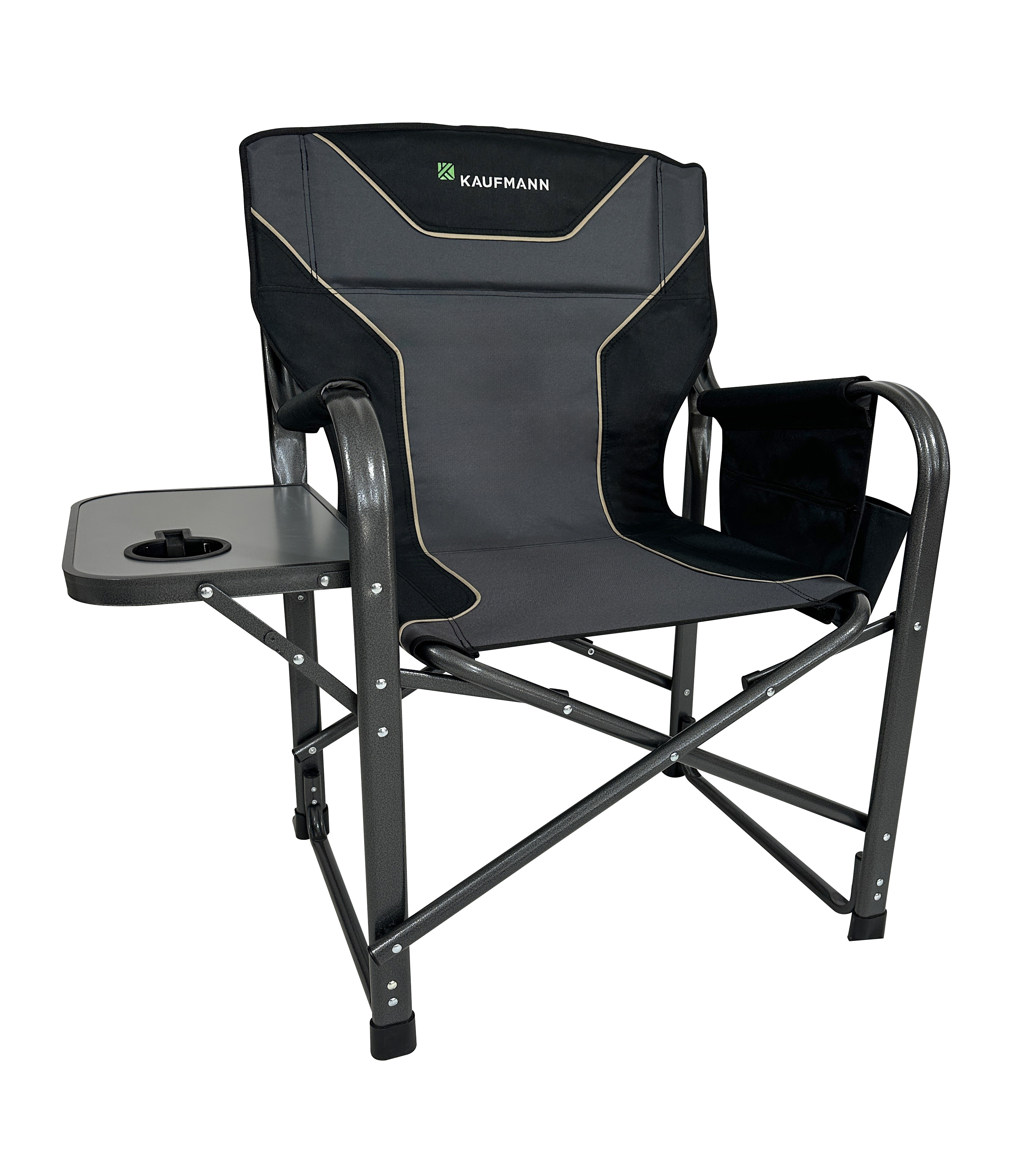 The Kaufmann Oversized Directors Chair Designed for those who value comfort, space, and durability, the Kaufmann Oversized Directors Chair is the perfect outdoor companion. Whether you re camping, attending a festival, or relaxing at a sports event, this chair delivers sturdy support and convenient features in a sleek, foldable design. Built with a powder-coated steel tube frame (0.7 x 40 x 20 cm), it supports up to 150kg while remaining lightweight and portable. The flat folding structure allows for quick setup and compact storage, ideal for travel and easy carrying. Enjoy extra convenience with a built-in side table featuring a recessed cup holder, plus a side pocket to keep your phone, sunglasses, or snacks within reach.** Key Features: Strong Support: 150kg weight capacity with reinforced steel frame. Easy Setup: Folds and unfolds in seconds. Functional Side Table: Includes cup holder for added ease.