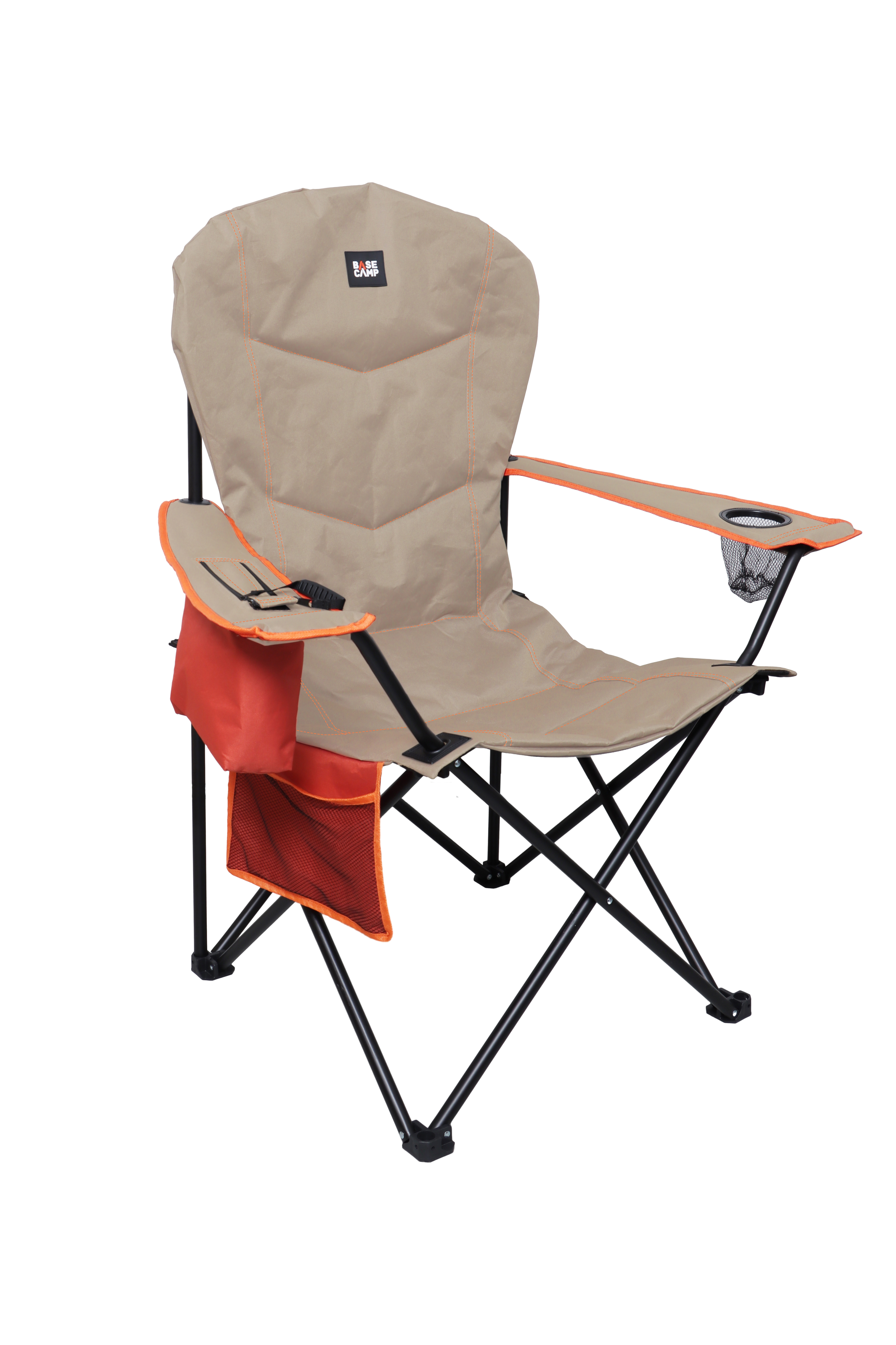 The Basecamp Camping Padded Folding Chair is designed for comfort and convenience, making it an essential companion for your outdoorsy escapades. This chair is thoughtfully constructed with padded armrests and headrests to ensure maximum comfort during extended use. The chair also includes a side cup holder, allowing you to keep your drink within easy reach. FEATURES AND BENEFITS: Extra Comfort: Padded armrests and headrest provide exceptional comfort. Convenient Storage: Side mesh pouch for storing the carry bag. Side Cup Holder: Keeps your beverage handy and stable. Portable Design: Easily folds and fits into a 210D carry bag for effortless transport. Durable Construction: Made with a steel tube frame (18x0.9/0.75/0.7mm) and 600D Oxford fabric with PE coating. Weight Capacity: Supports up to 120kg. **DIMENSIONS: 95x57x107cm. Frame: Steel tube (18x0.9/0.75/0.7mm).