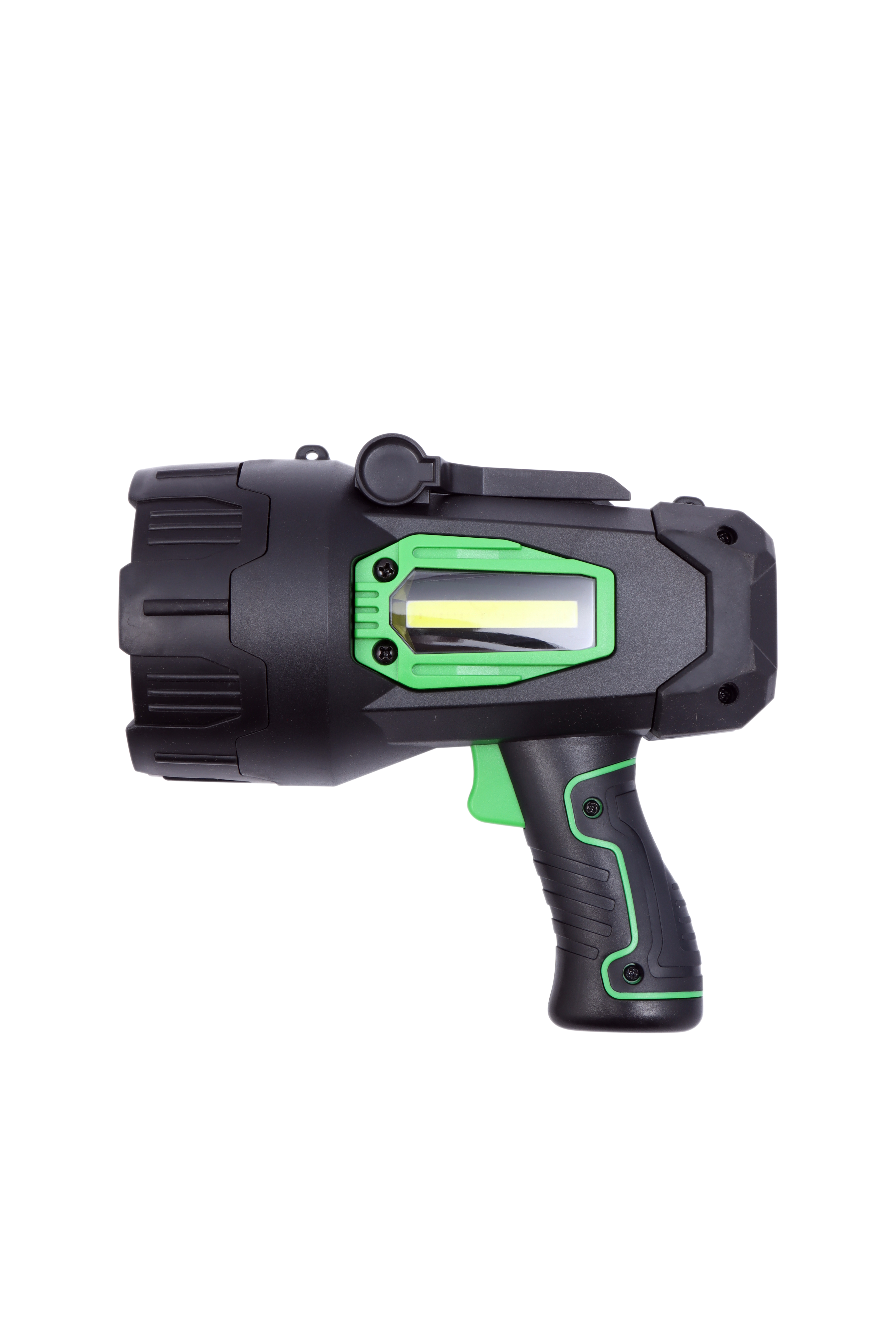 The Kaufmann LED Spotlight is a powerful and portable lighting tool designed for both indoor and outdoor activities, including camping, boating, working, and hunting, it is compatible with any USB charging port, ensuring convenient charging at home or on the go. The built-in 4000mAh 18650 battery provides a long runtime of 2.5 to 13 hours, depending on the selected light mode. With a maximum brightness of 1200 lumens and an impressive beam distance of up to 400 meters. This spotlight offers two lighting modes: LED high-low and COB white-red flash, allowing you to customize the brightness to suit your needs. With a charging time of just 6.5 hours using the included 5V1A Micro USB cable. ** FEATURES: USB-C Charging: Rechargeable via any USB port for added convenience (adapter not included). Powerful Illumination: Delivers up to 1200 lumens with a beam distance of 400 meters. Long Battery Life: Provides 2.