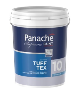 Panache Supreme Tufftex is an excellent exterior paint designed to withstand the harsh South African climate. With a low-sheen fine texture, it covers hairline cracks and minor imperfections while leaving a durable, dirt-resistant, washable finish. It contains quartz for strength and mica for flexibility, and its durable weather-resistant pigments provide excellent coverage and hiding power. Product benefits include supreme dirt resistance, coverage of hairline cracks and minor imperfections, UV protection, full washability, alkali resistance, and a 10-year guarantee.