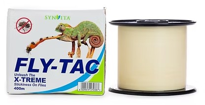 An extremely sticky, pressure sensitive adhesive tape supplied on a roll to facilitate easy dispensing. Designed to catch flies, the tape interrupts the normal flight path causing the fly to land on it and investigate. The adhesive also contains a pheromon