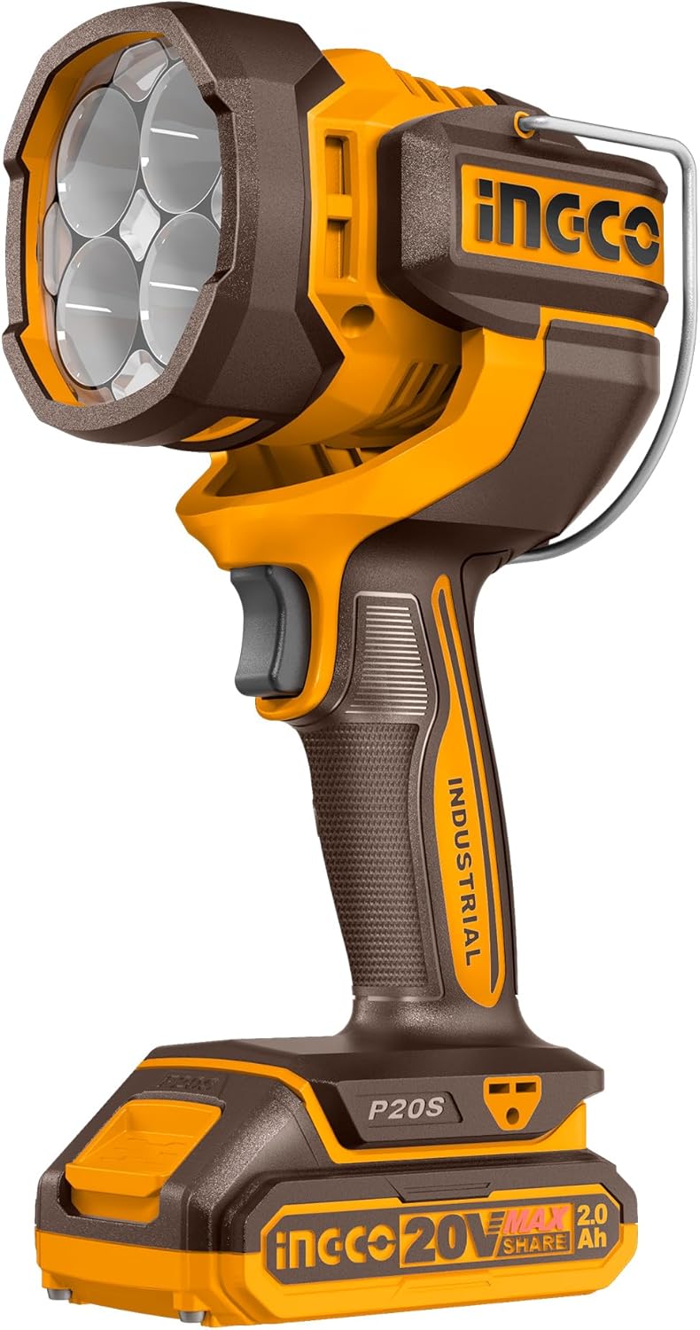 This light delivers up to 2000 lumens, with impact-resistant construction for tough environments. Its pivoting head provides customised lighting angles, while the lightweight, ergonomic design makes it easy to carry. With a broad beam angle, it efficiently lights wide areas indoors or outdoors.