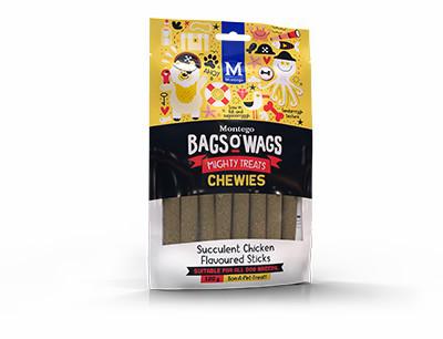 Succulent Chicken Flavoured Sticks. Highly nutritious, wagtastically delicious, Bags O' Wags are the treats dogs love to get and they're full of yummy goodness. The Bags O' Wags range of treats make on excellent reward for good behaviour. a tempting incentive when training or a between meal-snack that hits the spot. Ideal for daily use, Bags O' Wags treats make the perfect complement to every Montego Pet Nutrition dry or wet food diet. Bags O' Wags treats are made to the same high standards as all Montego Pet Nutrition products, using only the finest ingredients, prepared to perfection in our world-class facility. Disclaimer: Treat only, not a complete and balanced diet.