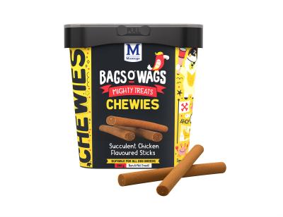 Succulent Chicken Flavoured Sticks. Highly nutritious, wagtastically delicious, Bags O' Wags are the treats dogs love to get and they're full of yummy goodness. The Bags O' Wags range of treats make on excellent reward for good behaviour. a tempting incentive when training or a between meal-snack that hits the spot. Ideal for daily use, Bags O' Wags treats make the perfect complement to every Montego Pet Nutrition dry or wet food diet. Bags O' Wags treats are made to the same high standards as all Montego Pet Nutrition products, using only the finest ingredients, prepared to perfection in our world-class facility. Disclaimer: Treat only, not a complete and balanced diet.