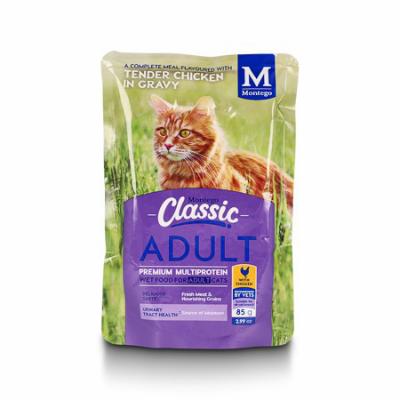 A complete meal flavoured with tender chicken in gravy. Classic Wet Food provides a complete, balanced and enticingly delicious meal, or a tasty complement to your dog's daily dry food diet. Serve on top, mixed in or on its own - however they like it! Benefits Include: Steamed in the pouch for a delicious, meaty flavour. Balanced nutrition with added vitamins and minerals.