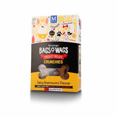 Juicy Boerewors Flavour. Highly nutritious, wagtastically delicious, Bags O' Wags are the treats dogs love to get and they're full of mmmmmoreish goodness! Benefits: Handcrafted Flavour- Handcrafted in small batches using the finest ingredients they taste as heavenly as they smell (to your dog!) Easy to Digest- A single source of protein means easier digestion for a happy tum (and crunchy fun) A Perfect Treat- Crunchy and easy to snap, these tasty treats are ideal as a delicious reward when training (or whenever!) Fresher Breath for Kisses- The teeth cleaning agent and rosemary extract clean teeth and freshens breath (For everyone's sake). Bags O' Wags treats are made to the same high standards as all Montego Pet Nutrition products, using only the finest ingredients, prepared to perfection in our world-class facility. Disclaimer: Treat only, not a complete and balanced diet.