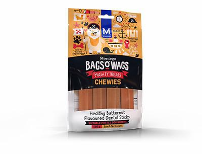 Healthy Butternut Flavoured Dental Sticks. Highly nutritious, wagtastically delicious, Bags O' Wags are the treats dogs love to get and they're full of yummy goodness. The Bags O' Wags range of treats make on excellent reward for good behaviour. a tempting incentive when training or a between meal-snack that hits the spot. Ideal for daily use, Bags O' Wags treats make the perfect complement to every Montego Pet Nutrition dry or wet food diet. Bags O' Wags treats are made to the same high standards as all Montego Pet Nutrition products, using only the finest ingredients, prepared to perfection in our world-class facility. Disclaimer: Treat only, not a complete and balanced diet.