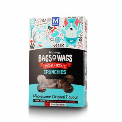 Wholesome Original Flavour. Highly nutritious, wagtastically delicious, BAGS O' WAGS are the treats dogs love to get and they're full of munchariffic goodness! Benefits: Handcrafted Flavour- Handcrafted in small batches using the finest ingredients they taste as heavenly as they smell (to your dog!) Easy to Digest- A single source of protein means easier digestion for a happy tum (and crunchy fun) A Perfect Treat- Crunchy and easy to snap, these tasty treats are ideal as a delicious reward when training (or whenever!) Fresher Breath for Kisses- The teeth cleaning agent and rosemary extract clean teeth and freshens breath (For everyone's sake). Bags O' Wags treats are made to the same high standards as all Montego Pet Nutrition products, using only the finest ingredients, prepared to perfection in our world-class facility. Disclaimer: Treat only, not a complete and balanced diet.