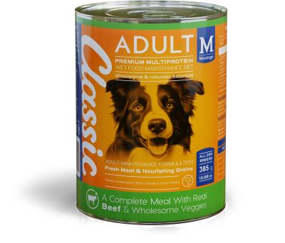 Classic Wet Food provides a complete, balanced and enticingly delicious meal, or a tasty complement to your dog's daily dry food diet. Serve on top, mixed in or on its own- however they like it!Benefits:Energy- 6% Protein / 3% Fat.Stamina- Low glycaemic formula.Well-Being- Source of moisture.Delicious Taste- Fresh meat with nourishing grains & vegetables.