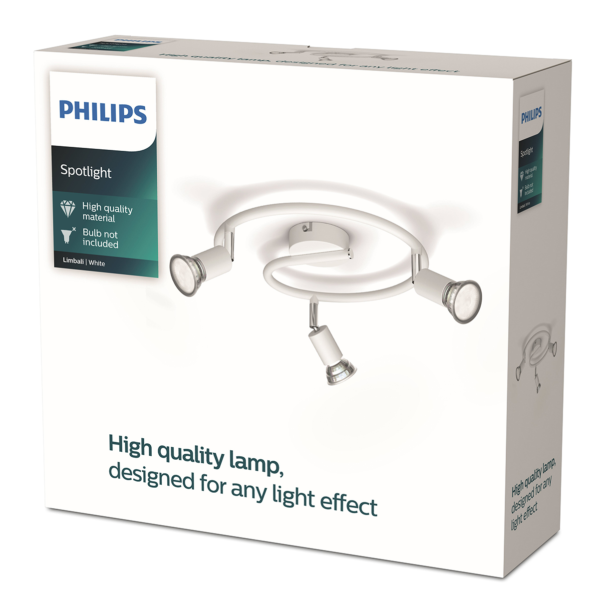 The Philips Limbali Plate/Spiral White 3x50W 230V spotlight fitting combines functional lighting with sleek, contemporary design. Featuring a circular spiral style base and three adjustable GU10 spotlights, this fitting is perfect for evenly distributing l