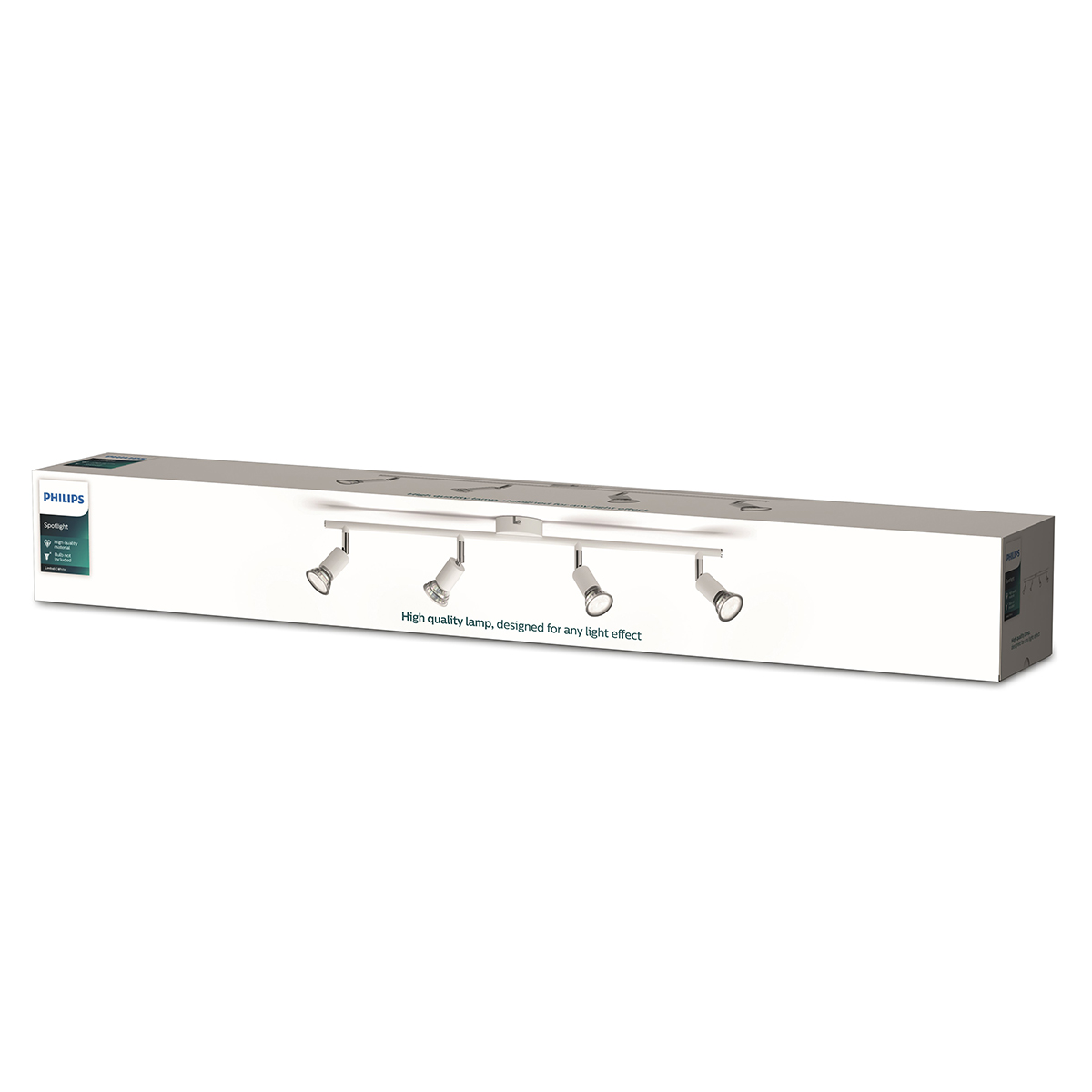 The Philips Limbali Bar/Tube White 4x50W 230V is a modern and versatile spotlight fitting designed for directional lighting in residential or commercial spaces. It accommodates two GU10 lamps (up to 50W each) and allows precise aiming for accent or task li
