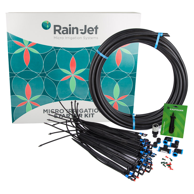 Micro Rainjet LDPE 25M x 15MM garden irrigation mini-kit includes 25 meters of pipe with six micro sprinklers complete with rotator six micro sprinklers with 360-degree spreader six micro sprinklers with strip spreader six mist spreaders and six 180-degree