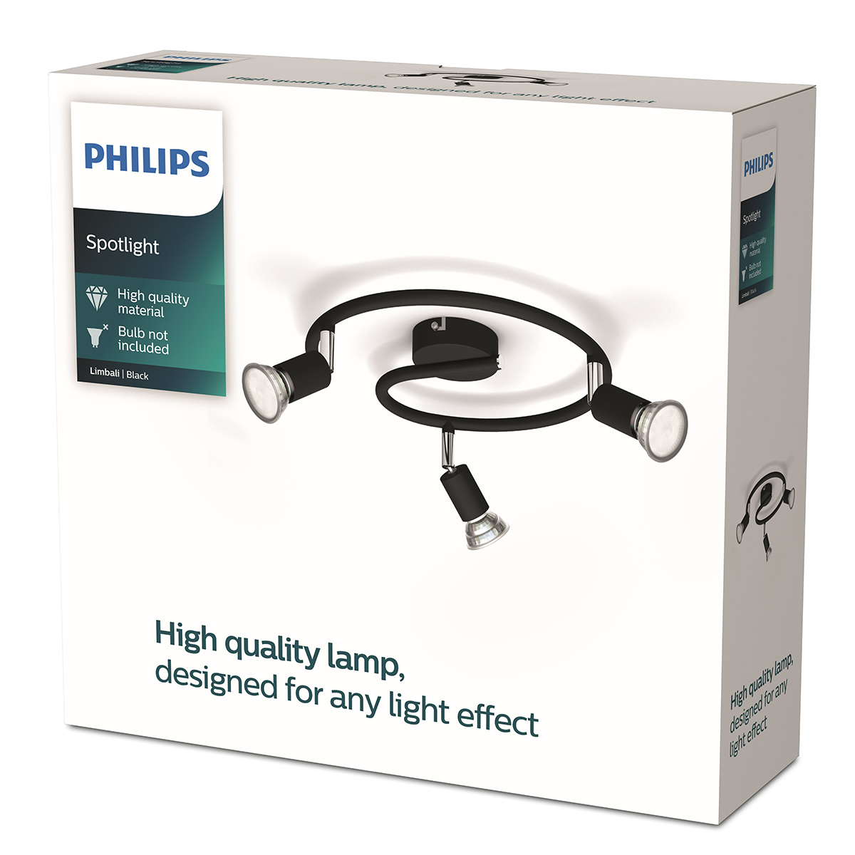 The Philips Limbali Plate/Spiral Black 3x50W 230V spotlight fitting combines functional lighting with sleek, contemporary design. Featuring a circular spiral style base and three adjustable GU10 spotlights, this fitting is perfect for evenly distributing l