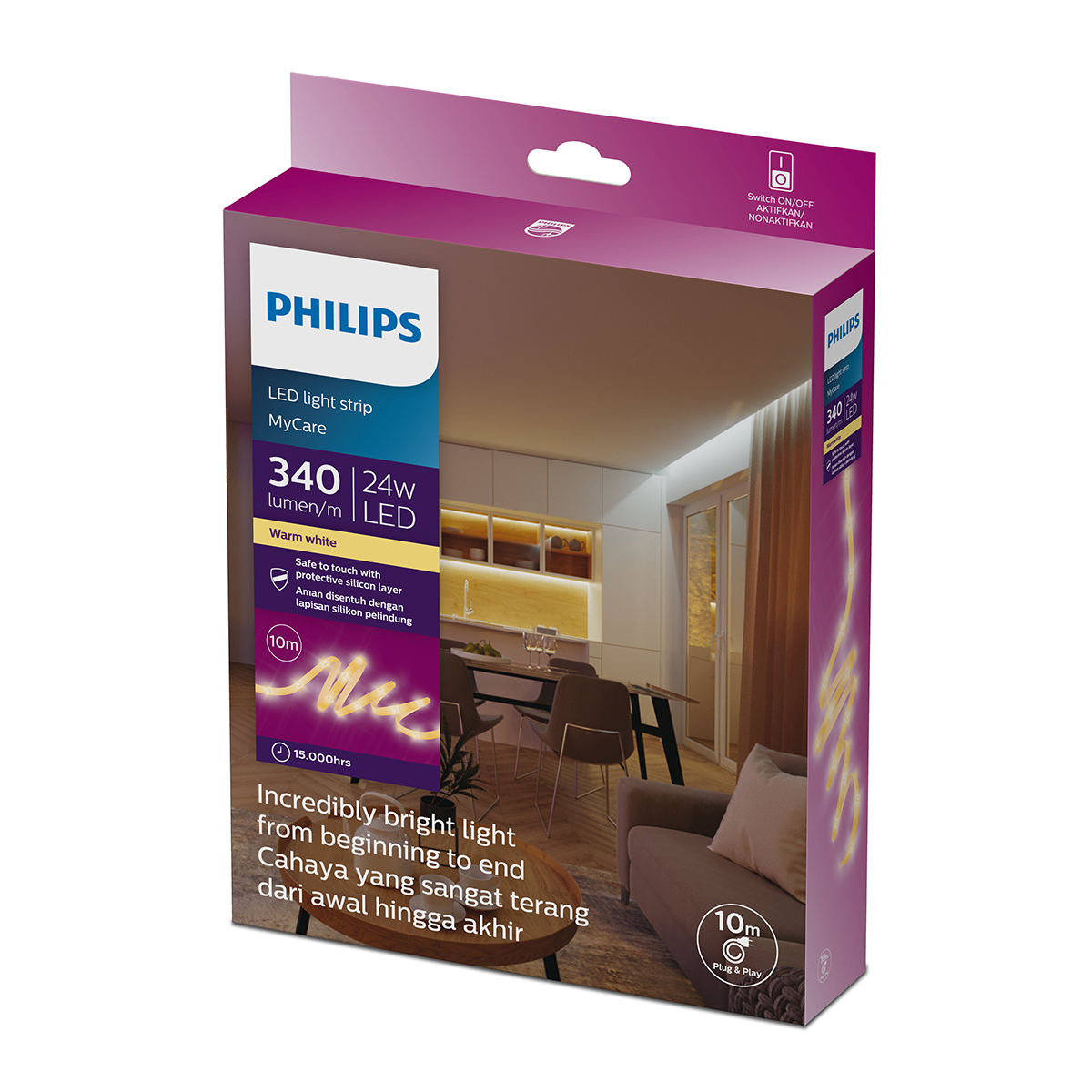 The Philips MyCare Lightstrip 10M WW 24V GM is a flexible, colour changing LED strip designed to enhance indoor spaces with dynamic lighting effects. Whether used for ambience, accent lighting, or creative decor, it offers versatility and style in a simple
