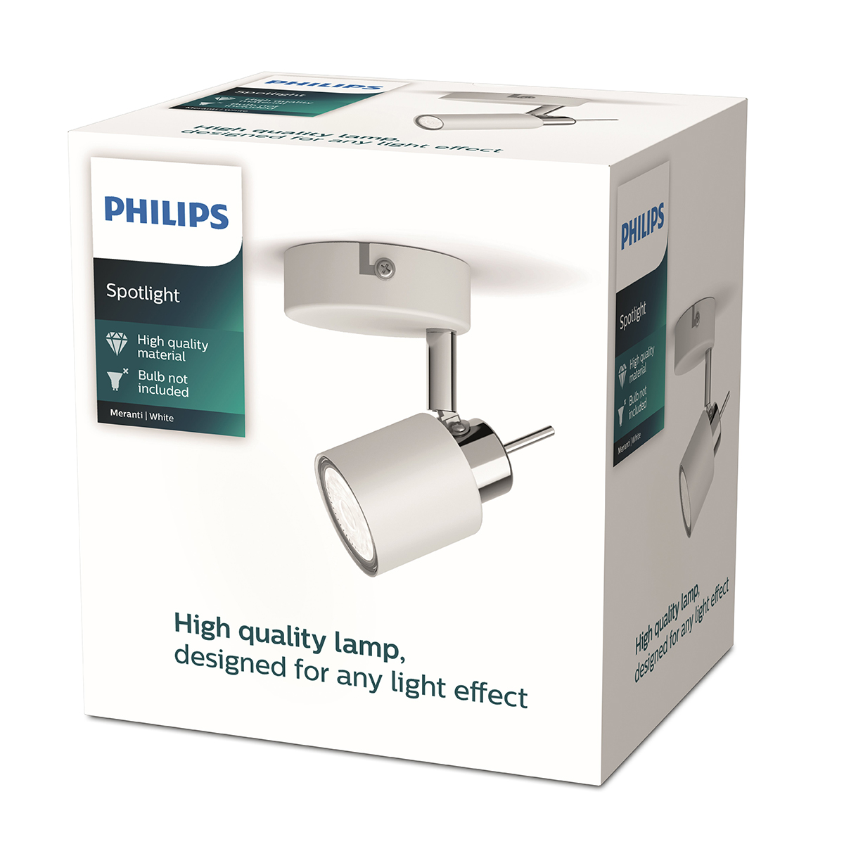 The Philips Meranti Single Spot White 1x35W 230V is a stylish and functional spotlight fixture designed for targeted indoor lighting. It supports a single 35W GU10 bulb, offering flexible illumination ideal for accenting features, artwork, or work areas. C