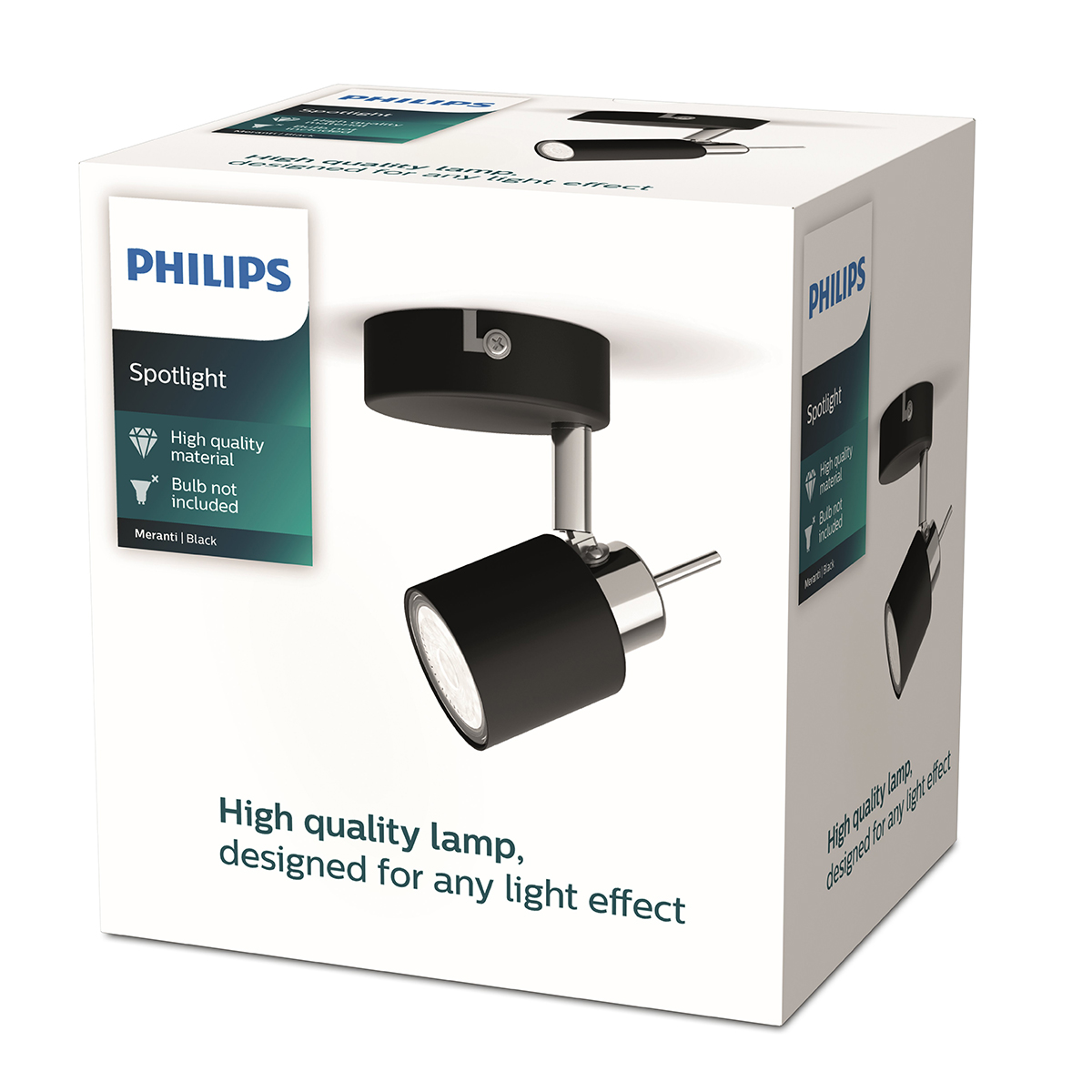 The Philips Meranti Single Spot Black 1x35W 230V is a stylish and functional spotlight fixture designed for targeted indoor lighting. It supports a single 35W GU10 bulb, offering flexible illumination ideal for accenting features, artwork, or work areas. C
