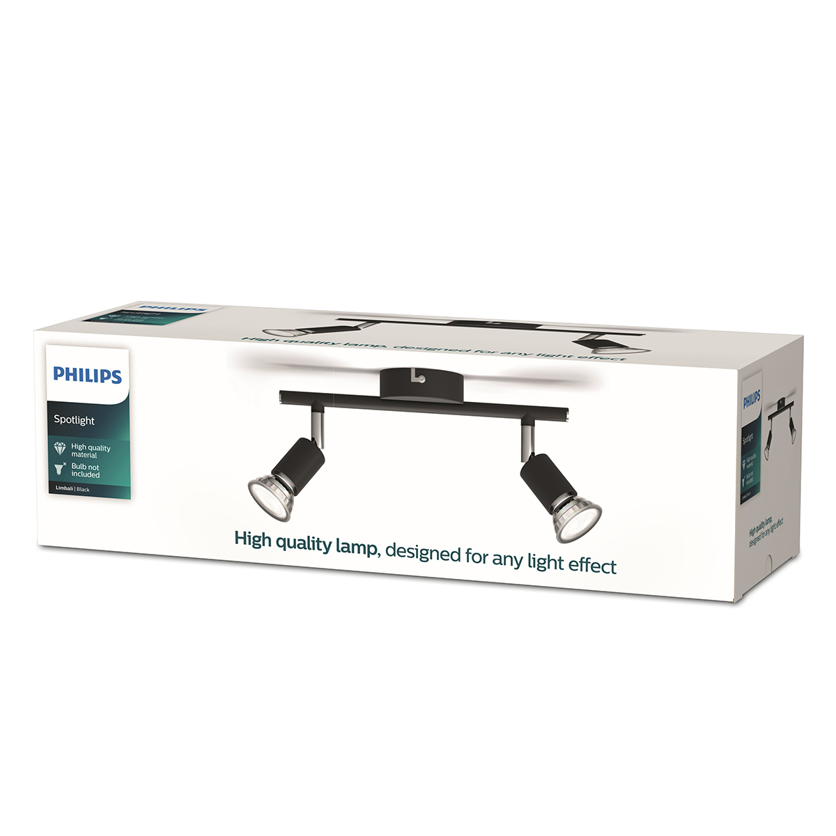 The Philips Limbali Bar/Tube Black 2x50W 230V is a modern and versatile spotlight fitting designed for directional lighting in residential or commercial spaces. It accommodates two GU10 lamps (up to 50W each) and allows precise aiming for accent or task li