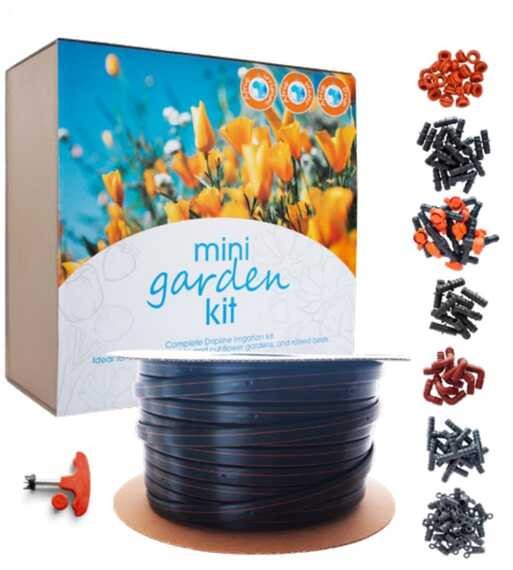 A complete dripline irrigation system  perfect for small veggie gardens, flower beds, and raised beds.