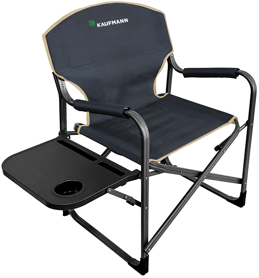 The Kaufmann Aluminium Directors Chair with Side Table is a great blend of compatibility, convenience, and sturdiness for your outdoor adventures, whether camping, picnicking, or relaxing in your backyard. One of its key features is the built-in plastic side table with a recessed cup holder, making it convenient for you to keep your drinks and essentials within reach while enjoying the outdoors. The aluminium frame is powder-coated for enhanced durability, while the 600D polyester fabric with PVC coating ensures the seat is tough enough to withstand regular use and various weather conditions. The chair supports up to 150kg, making it suitable for most users. FEATURES AND BENEFITS: Lightweight & Compact: Easy to carry and set up with a durable yet lightweight aluminium frame. Padded Armrests & Headrest: Provides extra comfort during extended use. Built-In Side Table.