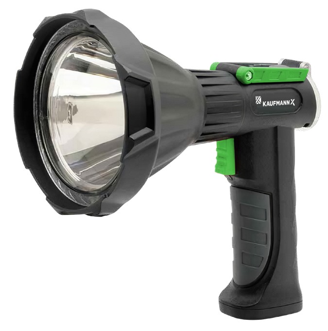 The Kaufmann X Spotlight 3600 Lumens 3.7V Rechargeable is built for high performance and durability, delivering powerful illumination for various applications. With 3600 lumens of brightness and a 400m beam range, it ensures excellent visibility. The top adjustable bracket allows for handheld use or stable positioning, while a hanging nail hole offers convenient storage. An M8 nut at the handles base enables tripod mounting for hands-free operation. This spotlight includes detachable red and green filter lenses for optional colour lighting. Designed for durability, it is IP66-rated, offering dust and water resistance. The package comes with an AC 100V-240V USB home adapter and a dual-function DC 12-24V car charger/adapter with a 3m heavy-gauge coil cord and fuse tube. Powered by a built-in 2x2600mAh 18650 battery, it provides 1.5-2 hours on high, 5-6 hours on low, and up to 15 hours in SOS mode.