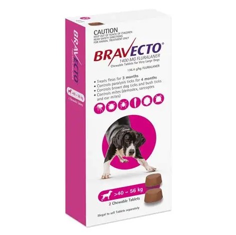 BRAVECTO Chew is a 1,400mg soft chew for Extra-Large Dog sizes between 40-56kgs in weight, that provides 12 weeks of protection against ticks, fleas, and mites in dogs over 8 weeks of age. With its ability to kill adult and juvenile ticks and treat flea allergy dermatitis and demodicosis, BRAVECTO® is a powerful solution for your extra-large dog's skin health. Protect your pet with confidence.