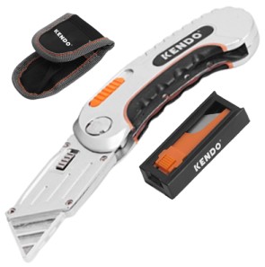 This tool features a folding zinc alloy body with a soft-grip handle for durability and comfortable use. It comes with five extra SK5 blades neatly stored in a compact case, and includes a pouch for convenient storage and portability.