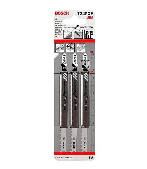 The Bosch Set 3ER T 345XF includes three high-performance jigsaw blades designed for versatile cutting across a variety of materials. Each blade is engineered to deliver fast, clean cuts and reliable durability, making the set ideal for both professional a