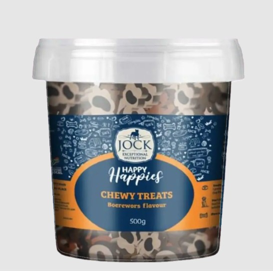 Spoil your furry friend with Jock Happy Happies Chewy Dog Treats in irresistible Biltong flavour! These soft, chewy treats are perfect for training sessions, rewarding good behavior, or simply showing your dog how much you care. Packed in a convenient 500