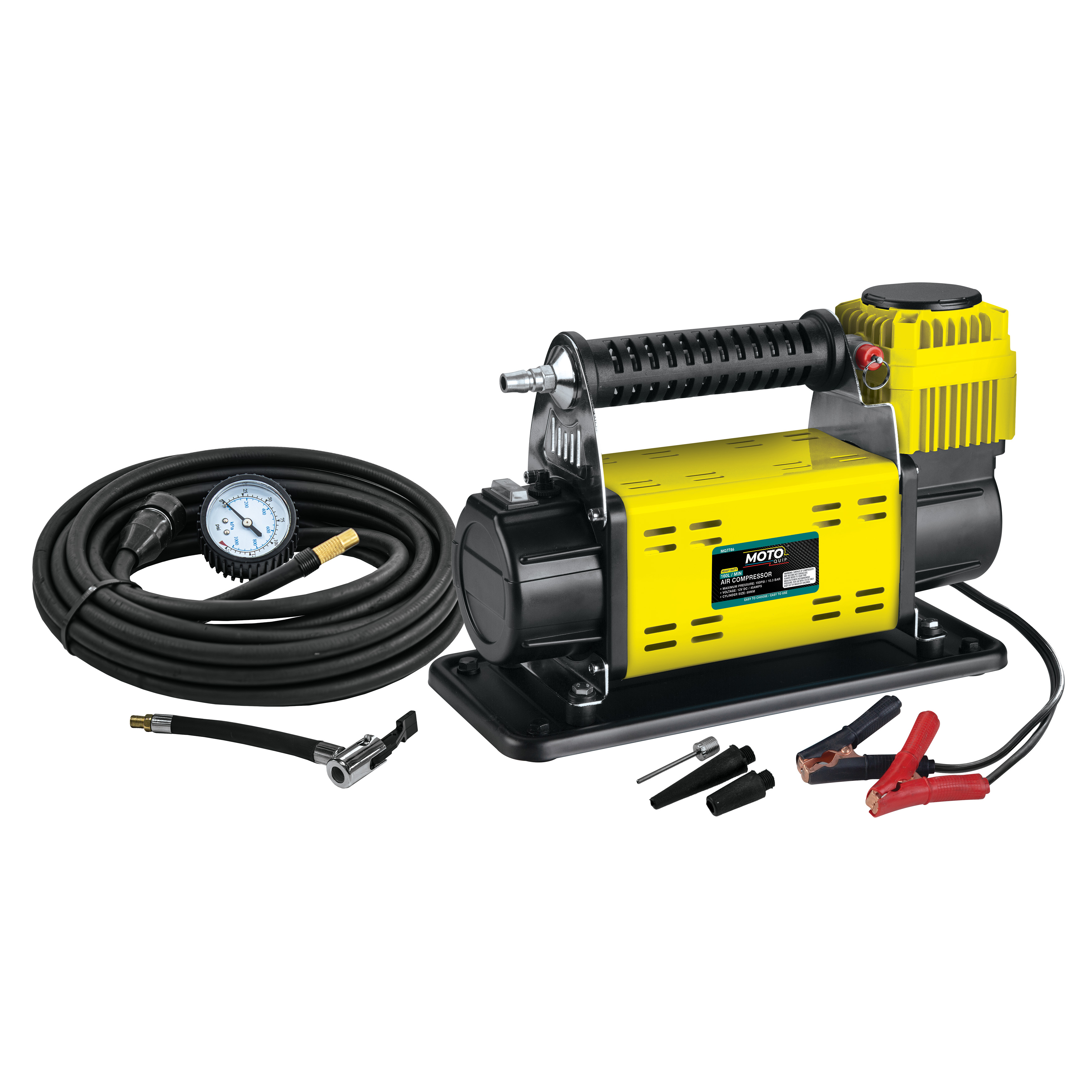 An ultra-powerful 160 liters/min Moto-Quip air compressor that draws its necessary power directly from the battery.