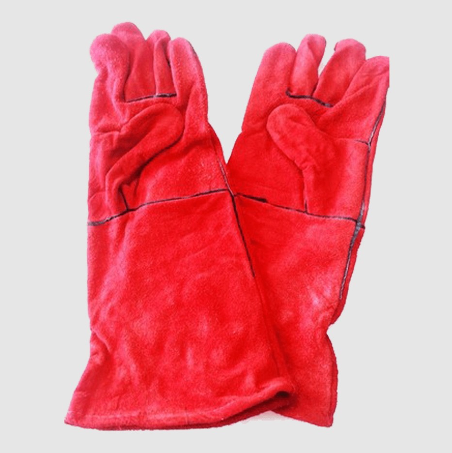 This red cow split double apron on palm is fully lined for comfort and protection, making it suitable for welding and furnace work.