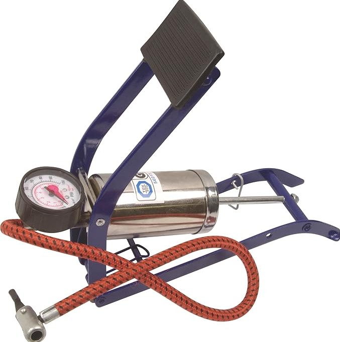A chrome single-cylinder footpump from MQ, including a pressure gauge for accurate and easy tire inflation.