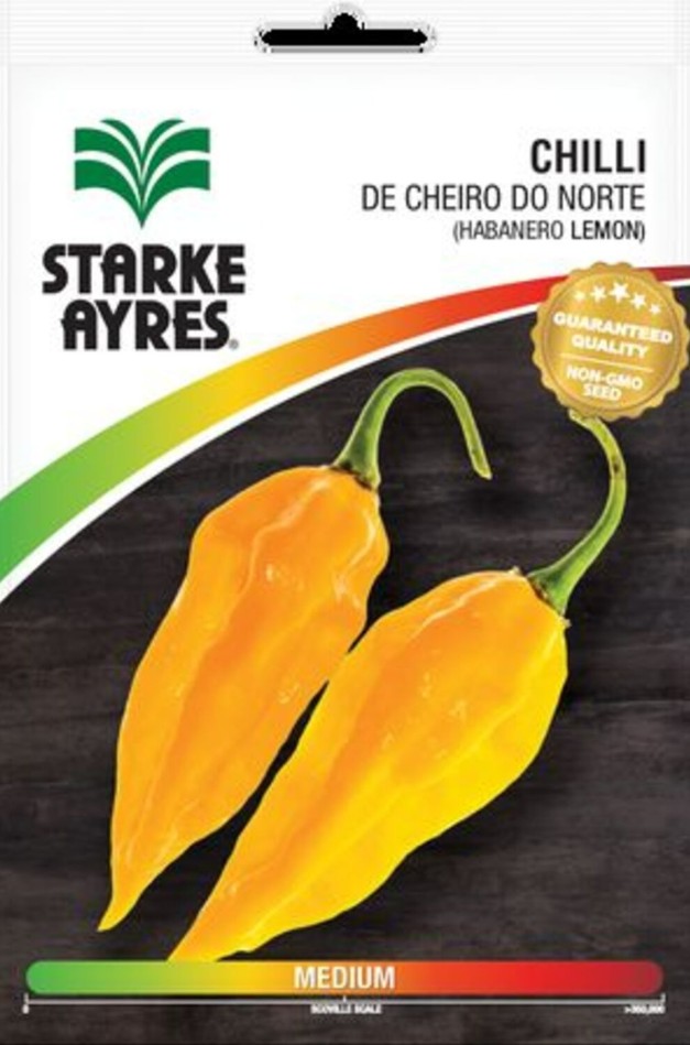 Starke Ayres Chilli De Cheiro Do Norte (Habanero Lemon) produces strong, vigorous plants that bear pungent fruit, ripening in colour from green to yellow. The seeds generally germinate within 15 to 18 days, and the plants reach maturity in approximately 75