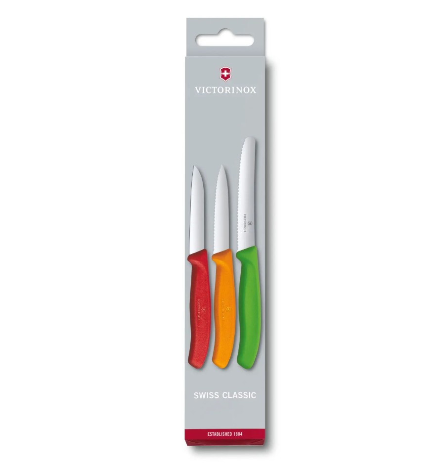 Brighten up your kitchen with this vibrant paring knife trio. The Victorinox Swiss Classic 3-Piece Paring Knife Set (6.7116.32) combines versatility and performance, featuring high-carbon stainless steel blades paired with assorted colorful polypropylene h