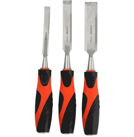 This 3-piece wood chisel set features drop-forged high carbon steel blades that are hardened and tempered for strength and durability, and it comes with ergonomic soft-grip handles for comfortable and secure use.