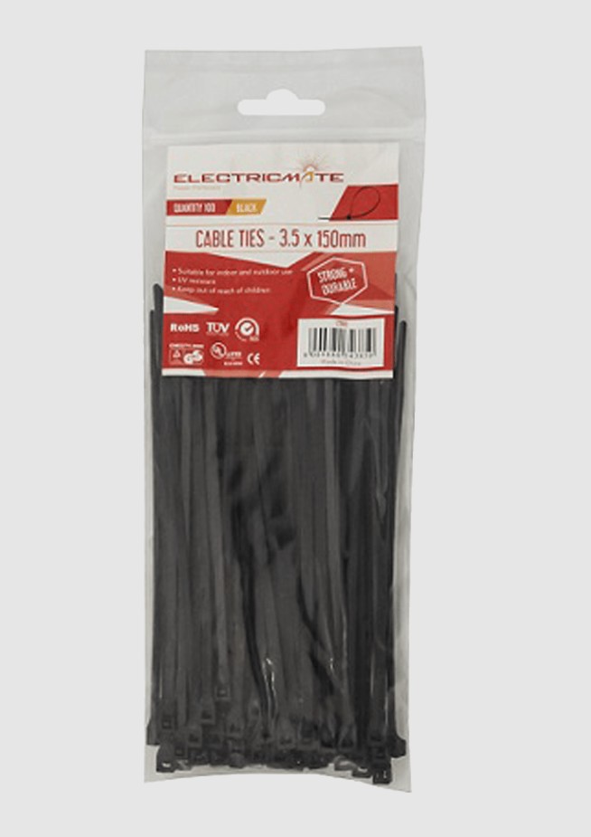 Black cable ties measuring 3.5 mm x 150 mm, supplied in a convenient pack of 100.