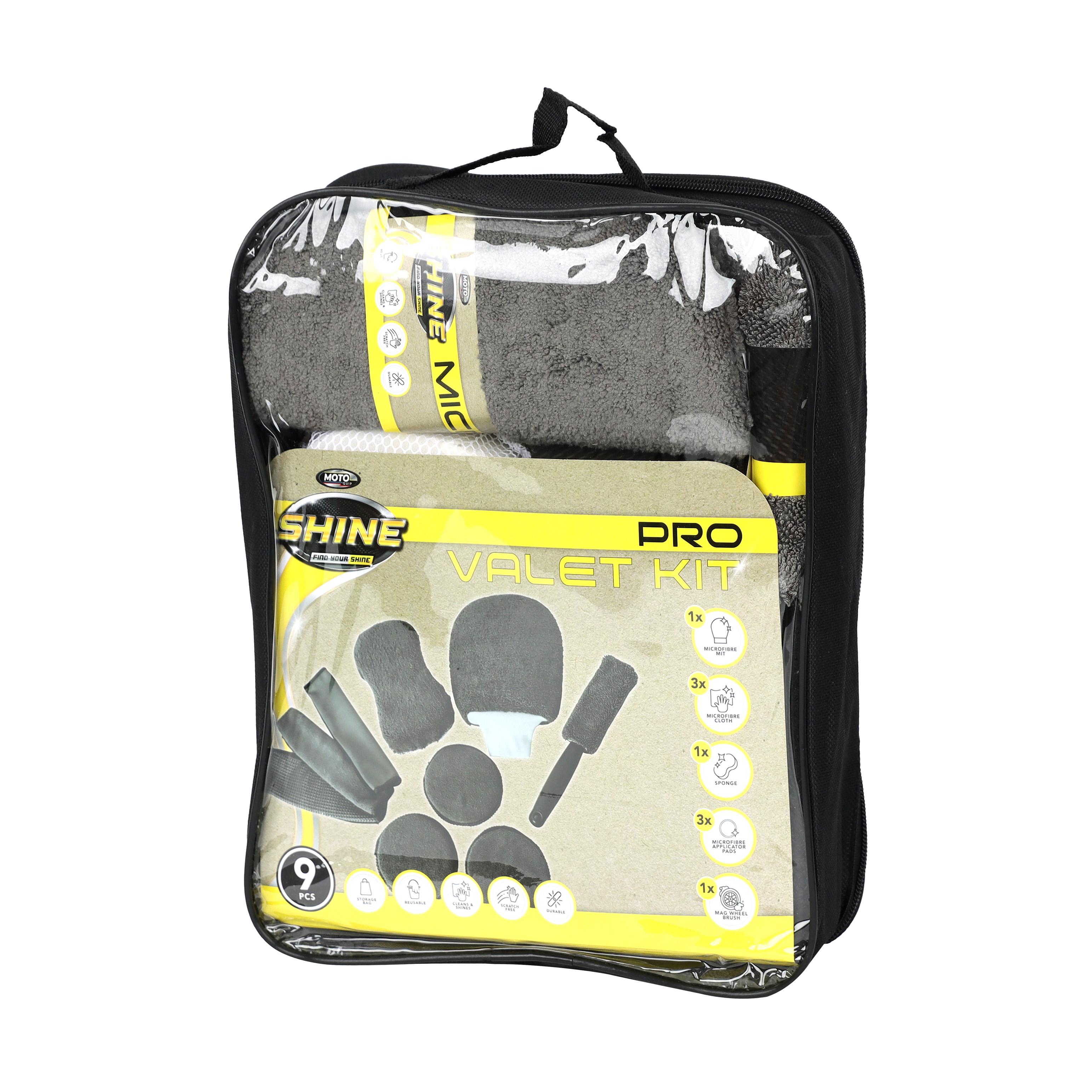 This comprehensive 9-piece car care kit contains all the essential tools for maintaining your vehicle's pristine look.