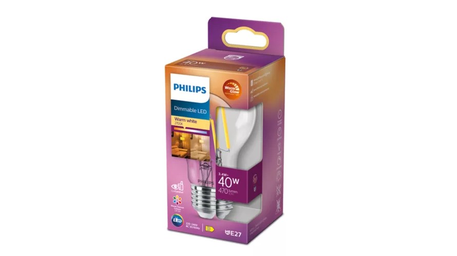 The Philips LED CLA A60 Filament ND is a 40W equivalent LED bulb with an E27 base, providing 470 lumens of warm white light at 2700K. Featuring a classic A60 shape and filament-style LED design, it offers an energy-efficient replacement for traditional inc