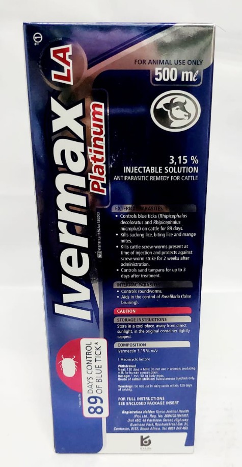 This antiparasitic remedy for cattle provides comprehensive protection against both external and internal parasites. For external parasites, it controls blue ticks for up to 89 days, kills sucking and biting lice as well as mange mites, eliminates cattle s