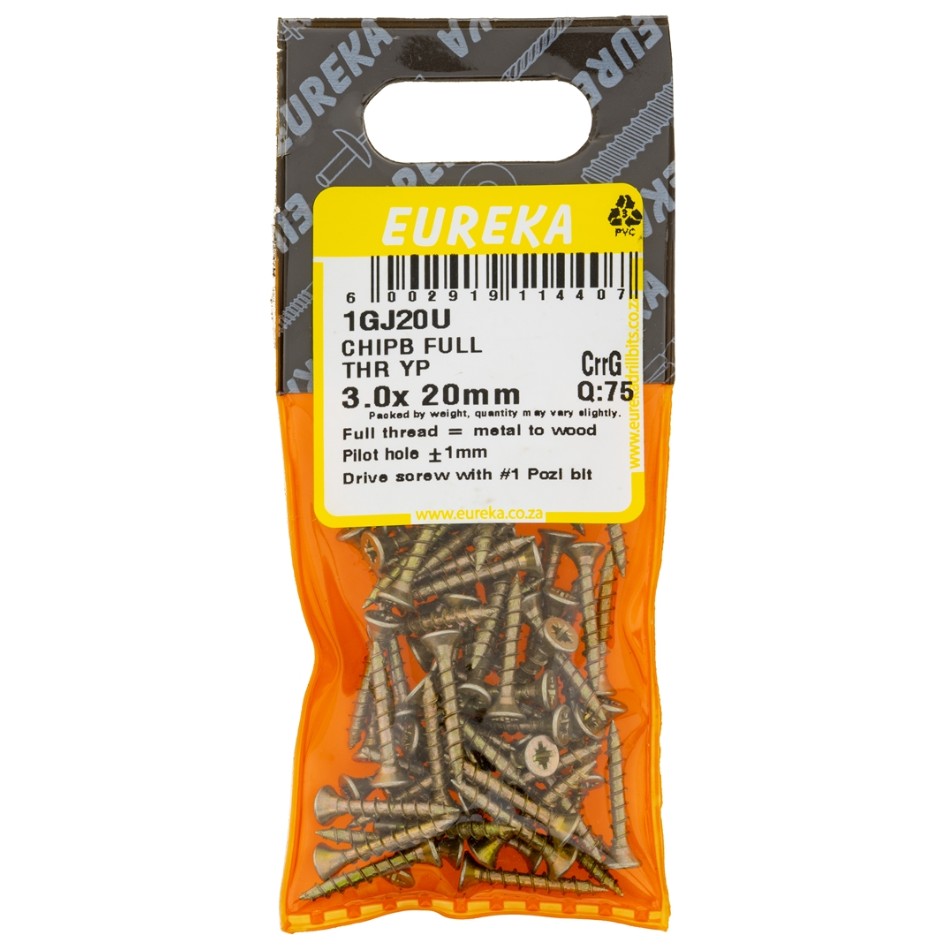 Chipboard Screws with full thread are ideal for chipboard and softer types of wood.When driving in full thread screws, the top material cannot move along the shank. Instead, it is held in place by the threads.Can be used to join thin pieces of material lik