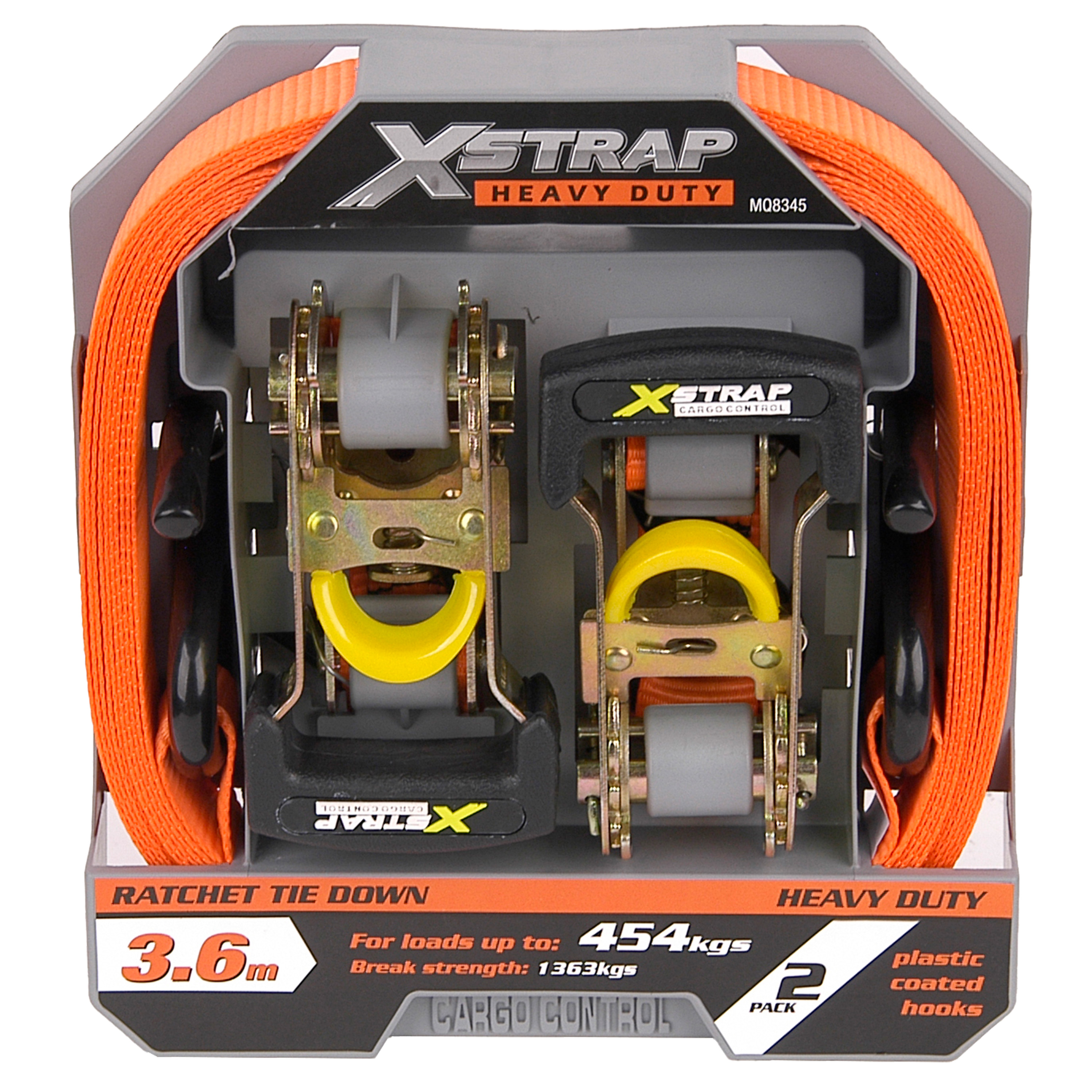 This ratchet tie-down features plastic coated 'S' hooks and a loading weight capacity of 45 (units not specified).