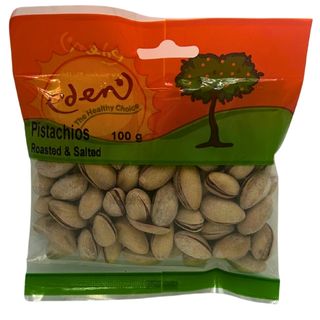 Nuts Pistachio 100g Eden. Allergens: Packed in a factory that processes tree nuts and peanuts and may contain traces of eggs and gluten.