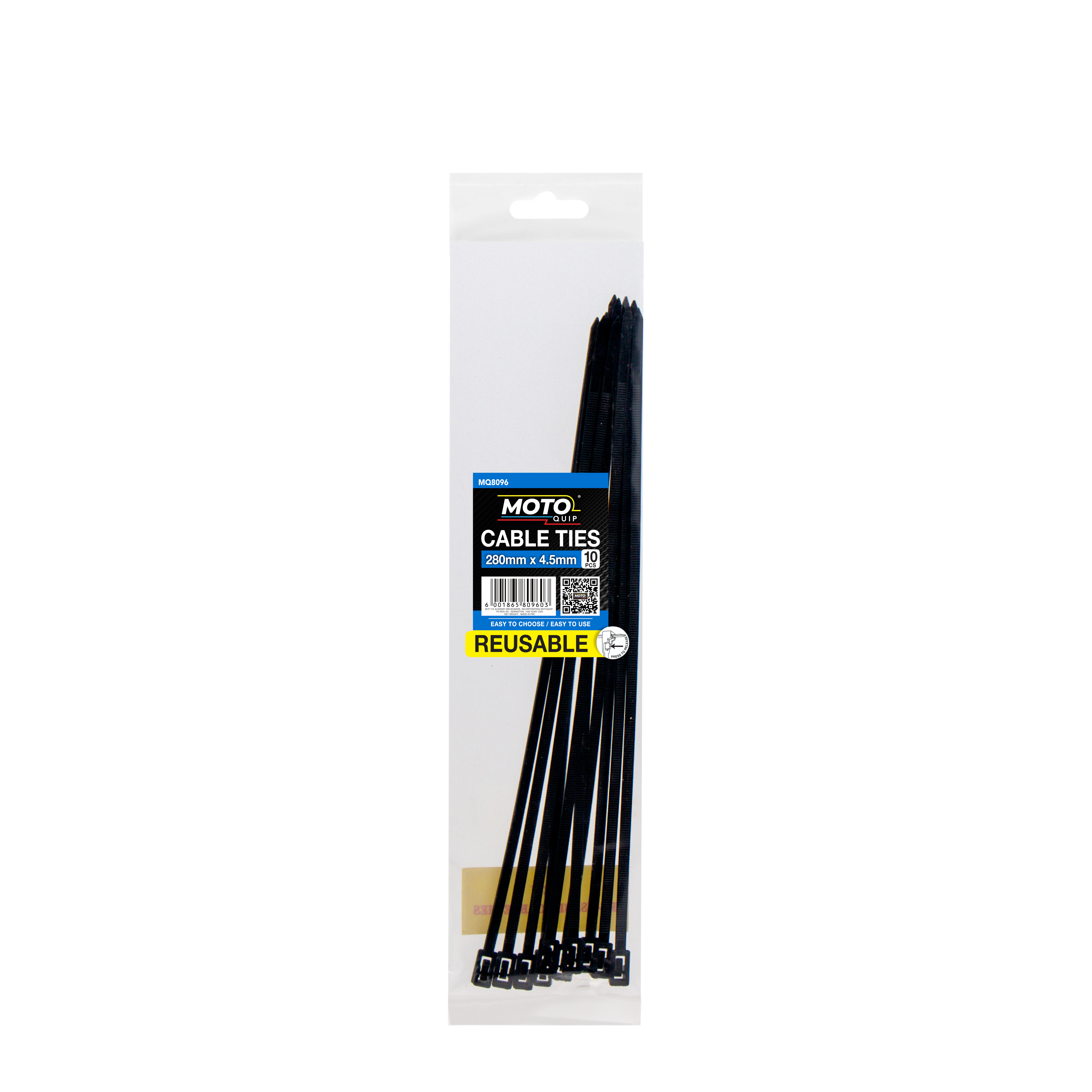 A 10-piece set of longer 4.5mm x 280mm reusable cable ties, ideal for securing larger components.