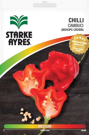 Starke Ayres Chilli Cambuci (Bishops Hat) produces strong, vigorous plants that yield pungent fruit, maturing in colour from green to red. The seeds typically germinate within 15 to 18 days, and the plants reach maturity in approximately 75 to 80 days.