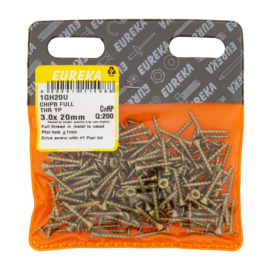 Chipboard Screws with full thread are ideal for chipboard and softer types of wood.When driving in full thread screws, the top material cannot move along the shank. Instead, it is held in place by the threads.Can be used to join thin pieces of material lik