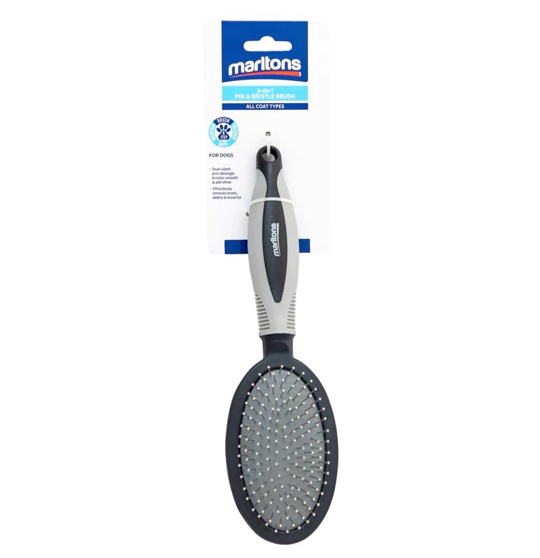 The Marltons 2-in-1 Pin & Bristle Brush is an all-in-one grooming tool designed to detangle, smooth, and enhance your pets coat health, keeping them looking and feeling their best. Suitable for dogs of all coat types, the dual-sided brush features pins